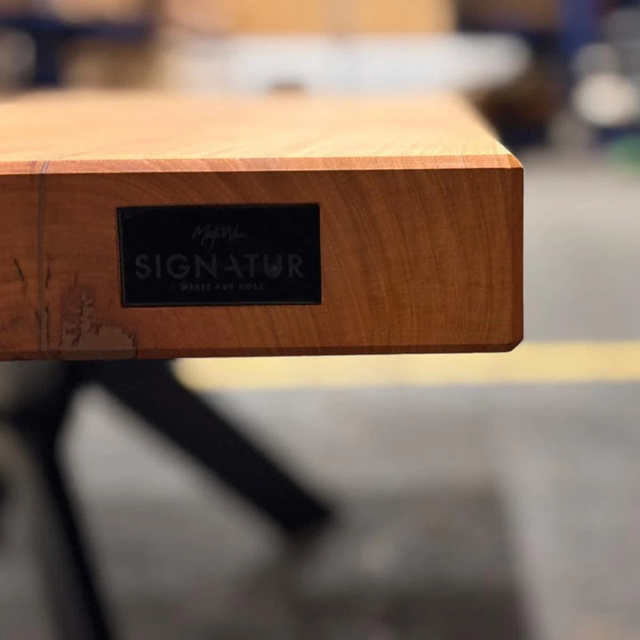 Massivholztisch Kirsche mit modernem X-Stahlfuß