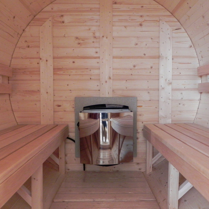 Sauna in legno di abete a botte con terrazzino